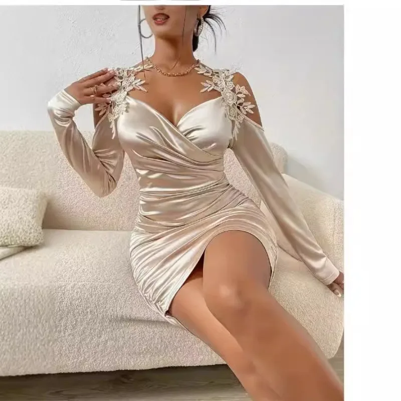 2025 Spring and Autumn New Satin, Elegant Lace Tight Skirt Pleated Skirt