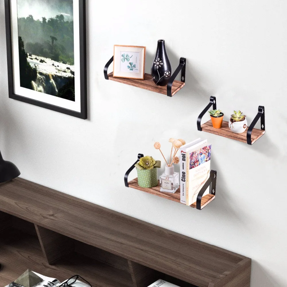 

Goplus Wall Mount Floating Shelves Set of 3 Rustic Wood Multi-purpose Storage Shelves Home Furniture HW59524