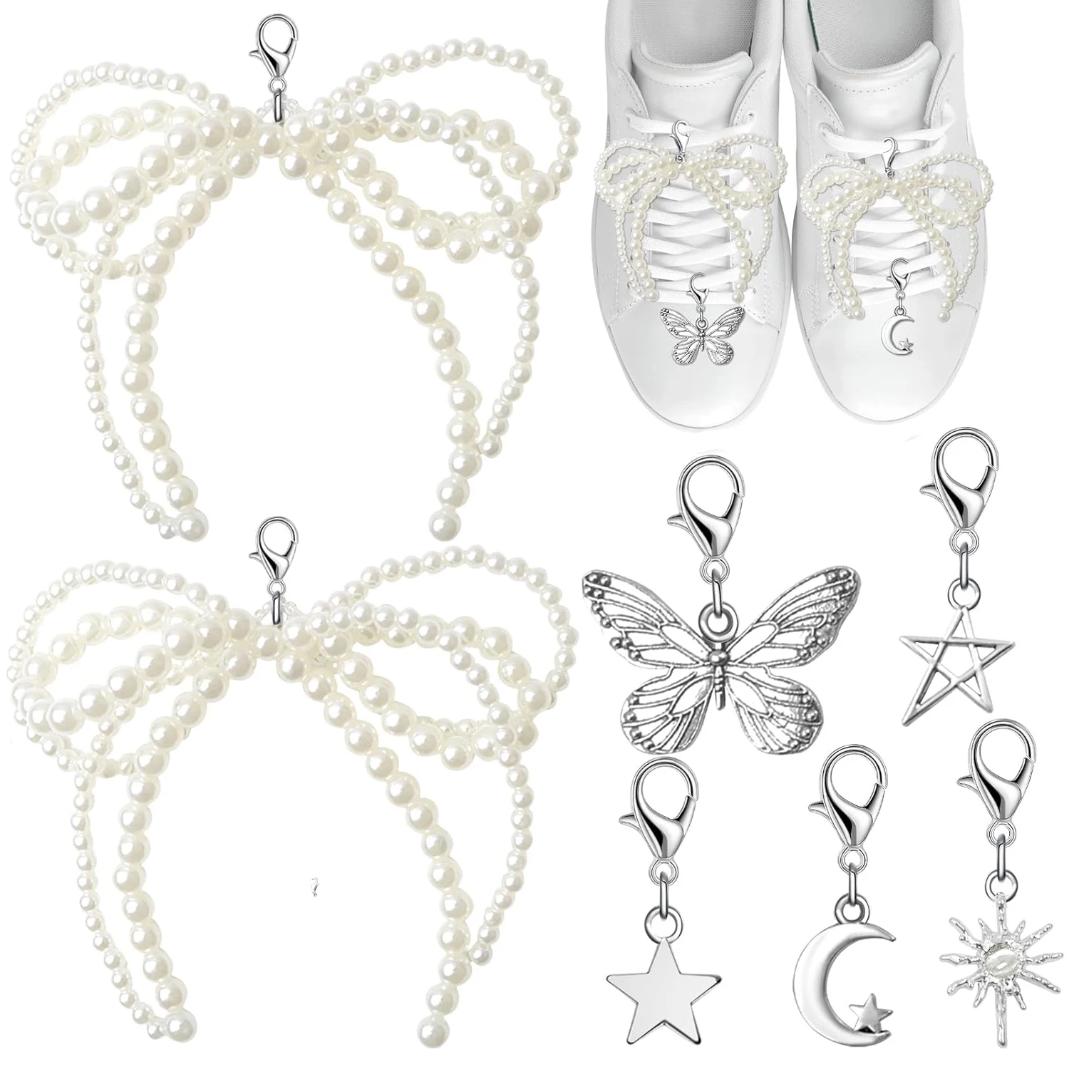 

7PCS Pearl Bow Shoe Charms for Sneakers Butterfly Bowknot Buckles DIY Shoe Accessories for Shoelaces, Handbags Dresses, Hats
