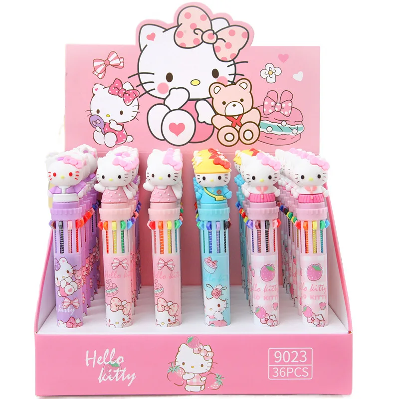 Sanrio-Bolígrafo de Hello Kitty de 10 colores, bonito bolígrafo de escritura a presión de dibujos animados, material escolar, papelería para estudiantes, 18/36 piezas, nuevo