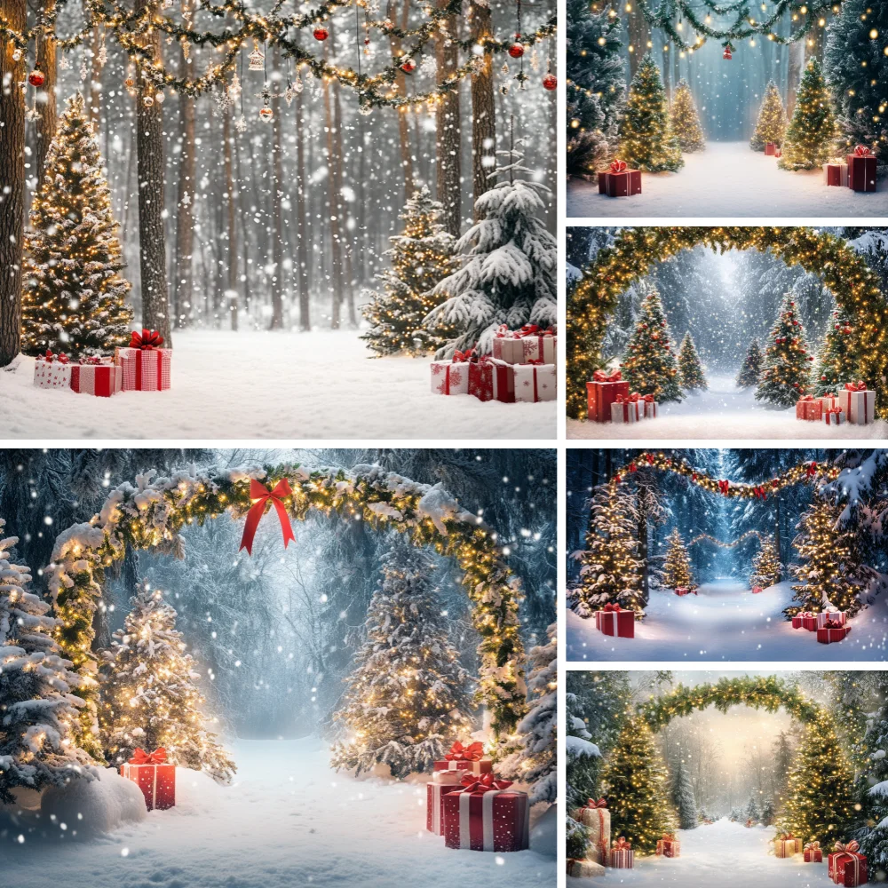 

Photography Background Snowy Street Lights Forest Xmas Pine Tree Background Shining Lights Decor Winter Kids Portrait Studio