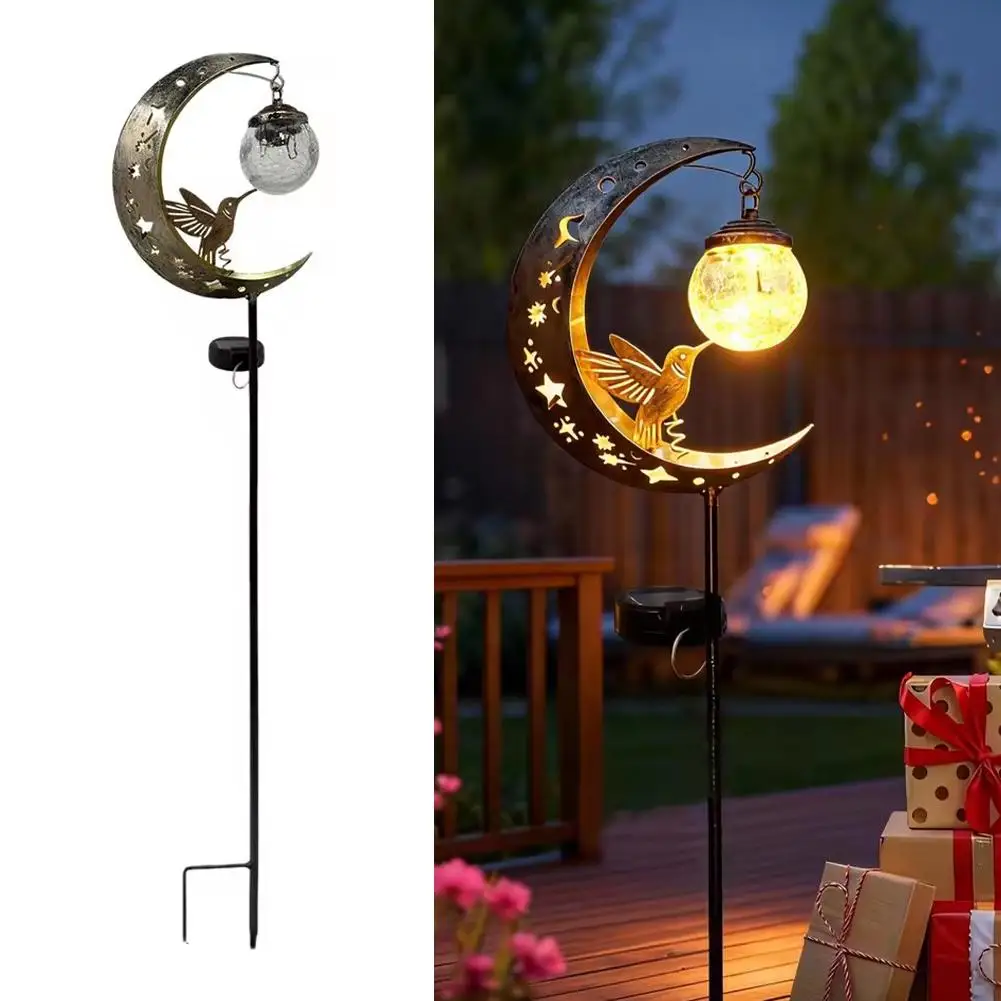 Solar Moon Hummingbird Stake Light Crackle Glass LED Pathway Lamp IP55 Waterproof Outdoor Garden Yard Decor