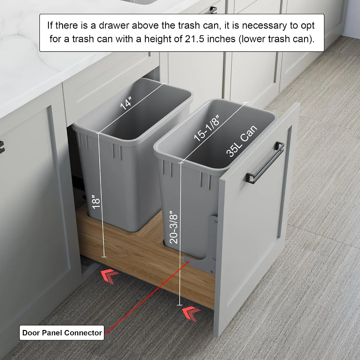 Wood‑Base Under‑Cabinet Pull‑Out Wastebasket, Dual 35Qt Removable Plastic Bins, Soft‑Close Full‑Extension Slide Trash & Recycling System for Kitchen Base Cabinet Installation