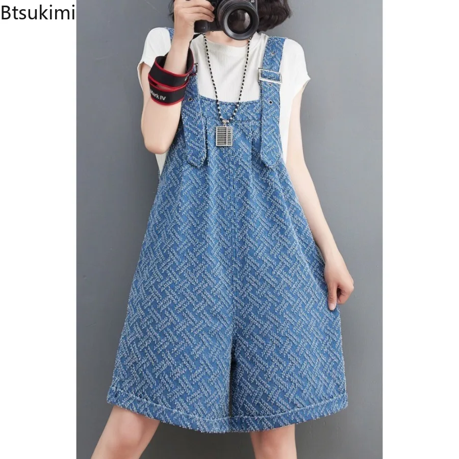 2024 Summer Fashion Jacquard Denim Jumpsuits for Women Loose High Waist Wide Leg Straps Shorts Ladies Casual Retro Jeans Rompers