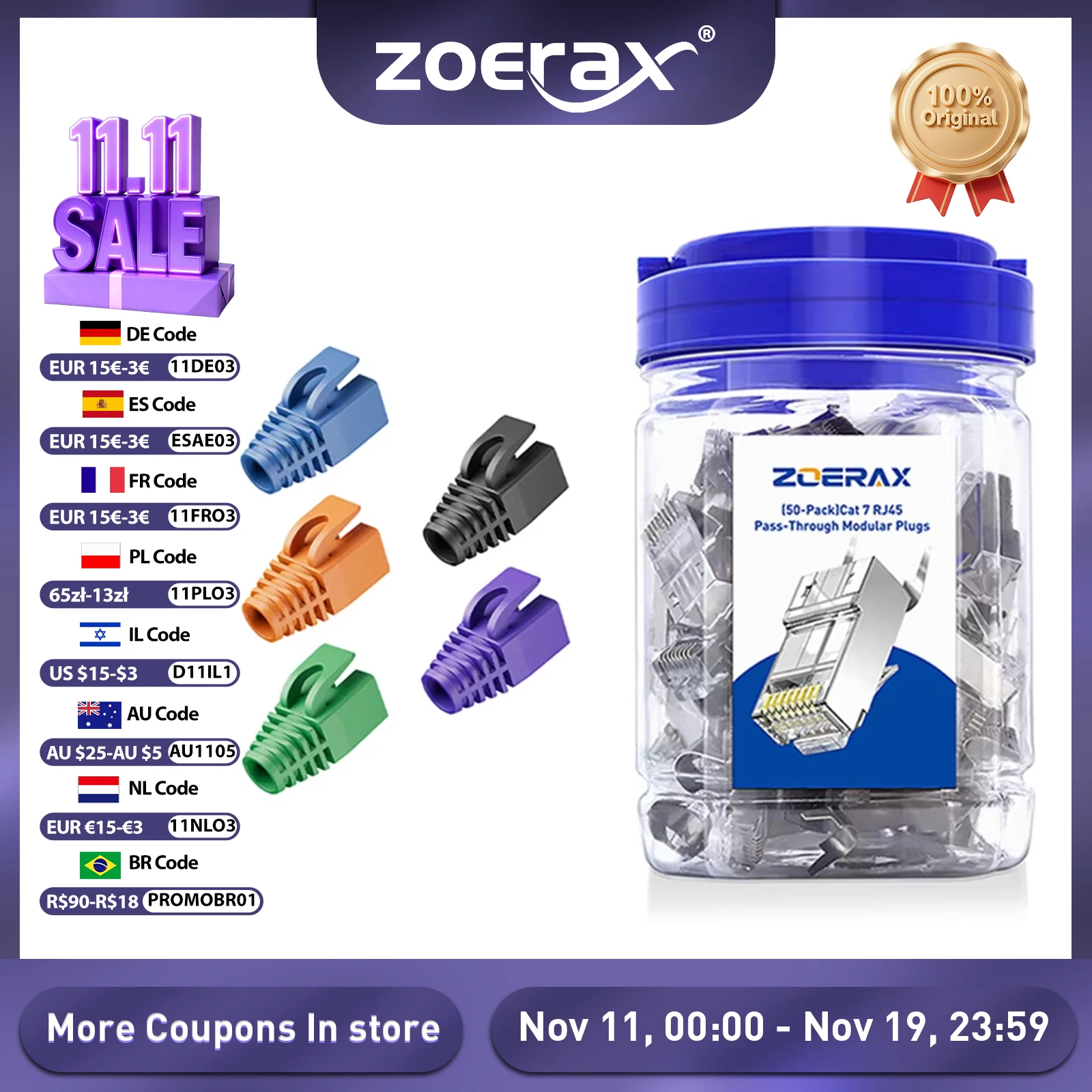 ZoeRax 50 шт. экранированный комплект разъемов RJ45 Cat7 Cat6A, 3-контактный 8P8C, позолоченный штекер из 2 частей с ботинками для снятия натяжения