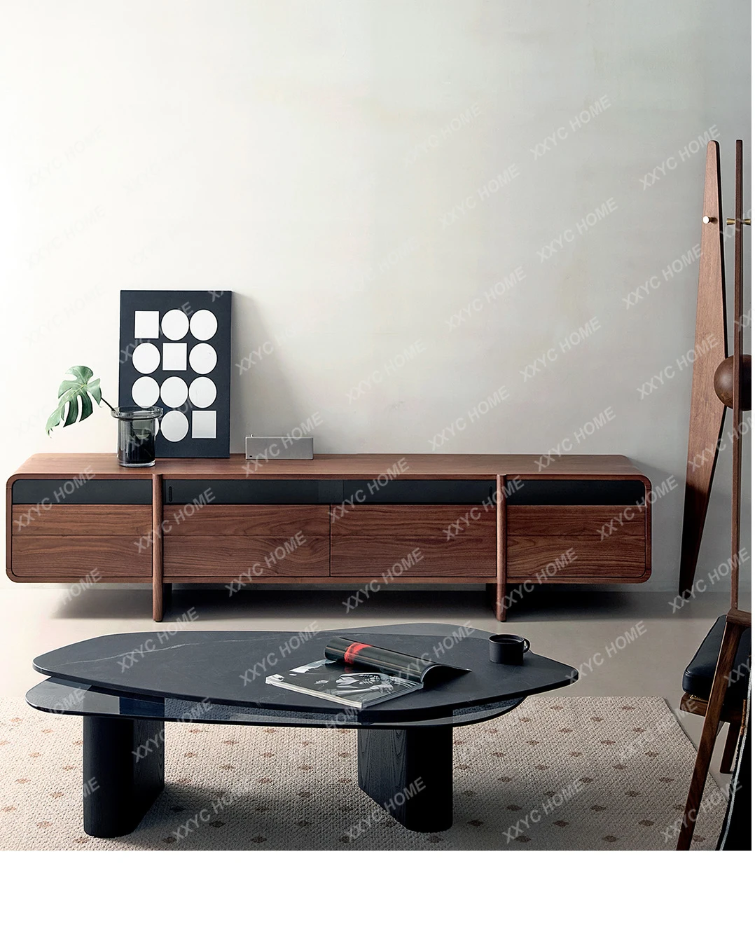 

Solid wood TV cabinet black walnut storage locker Light luxury living room video cabinet