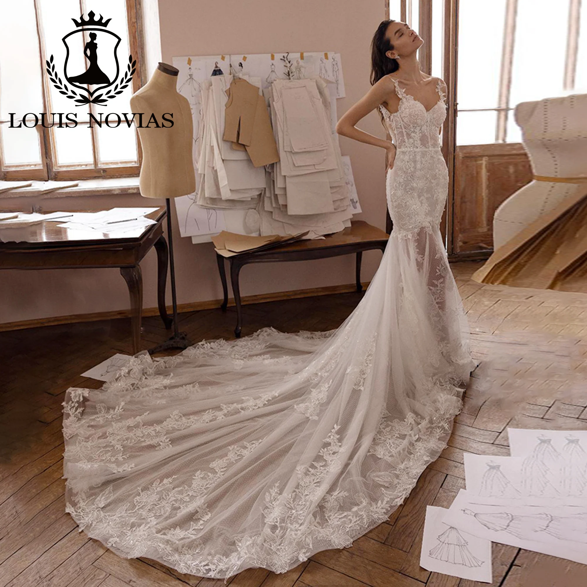 LOUIS NOVIAS Mermaid Wedding Dress 2023 Spaghetti Straps Sweetheart Appliques Champagne Lace Sexy Wedding Gown Vestidos De Novia