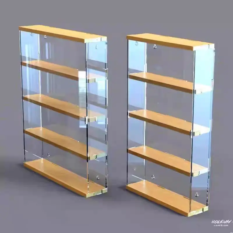 Wall Mounted Display Cabinet With Door and LED Light for Action Figure Clear Acrylic Storage Box for Blind Box Toy and Car Model