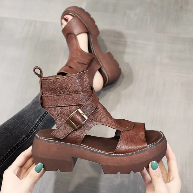 

New Summer Shoes Women Sandals Retro Genuine Leather Women Wedges Platform Sandals Peep Toe High Heel Sandals Black