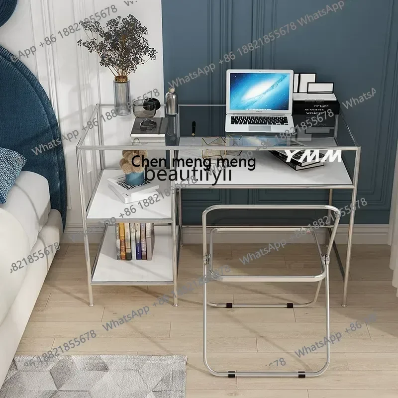โต๊ะทำงาน/โต๊ะเครื่องแป้ง/โต๊ะคอมพิวเตอร์ รุ่น B7304 สไตล์มินิมอล สแตนเลสสตีล โมเดิร์น หรูหราเบาๆ พร้อมที่เก็บของ  หน้าโต๊ะกระจก