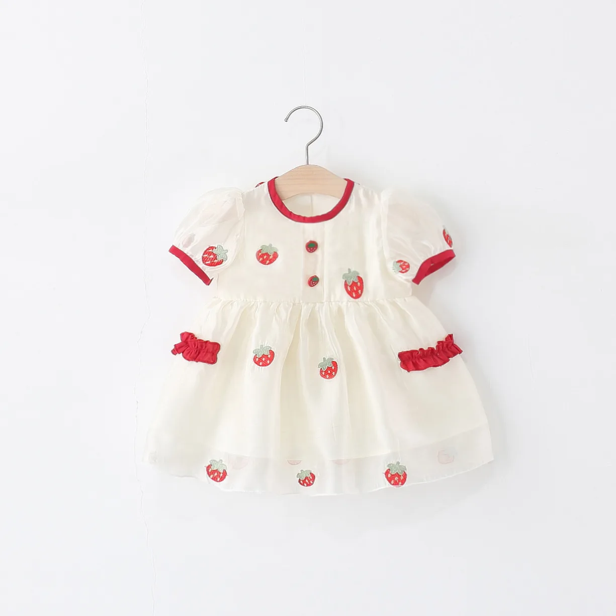 

Newborn Baby Dress Strawberry Bubble Sleeve Christening Gown Chiffon Baby Girl 1st Birthday Party Dress