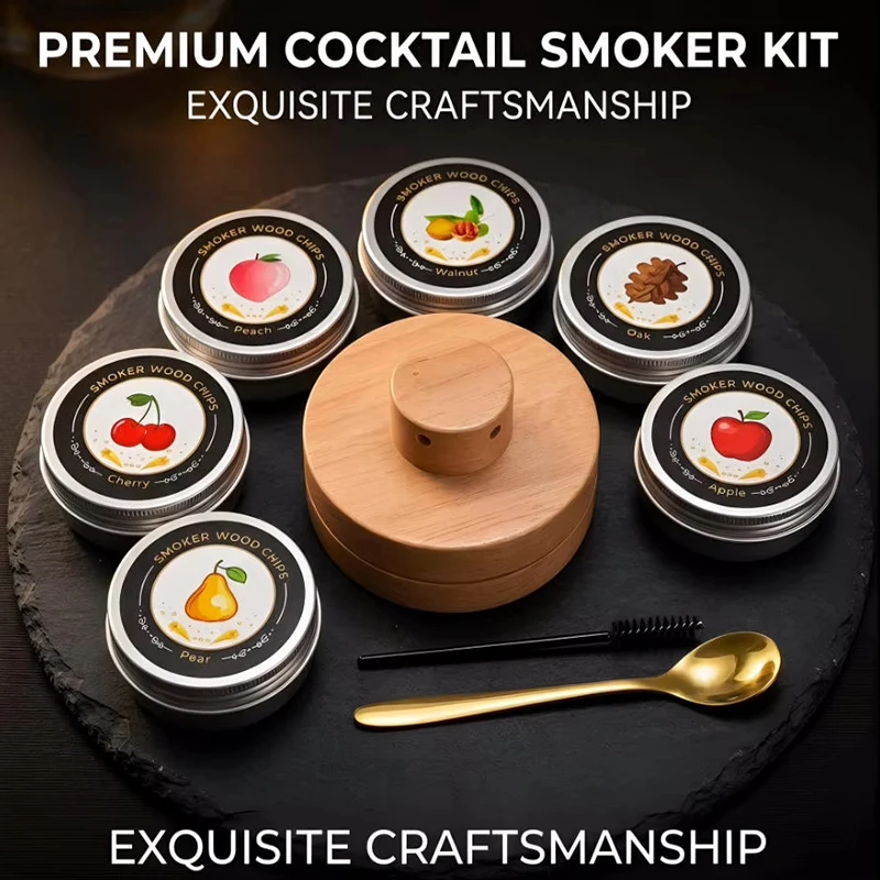 Solid Wood Cocktail Smoker Kit With 5pcs Wood Chips Old Fashioned Smoker Tool For Bourbon Whiskey Drink The Best Gift For Family