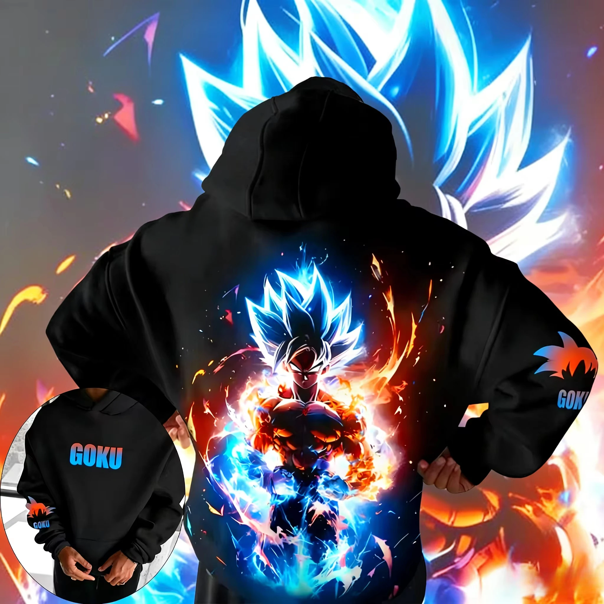 

2026 Autumn Winter Dragon Ball Hoodie Oversized Warm Cotton Sweatshirt Men Women Blue Red Flame Goku Print for DBZ Anime Fans