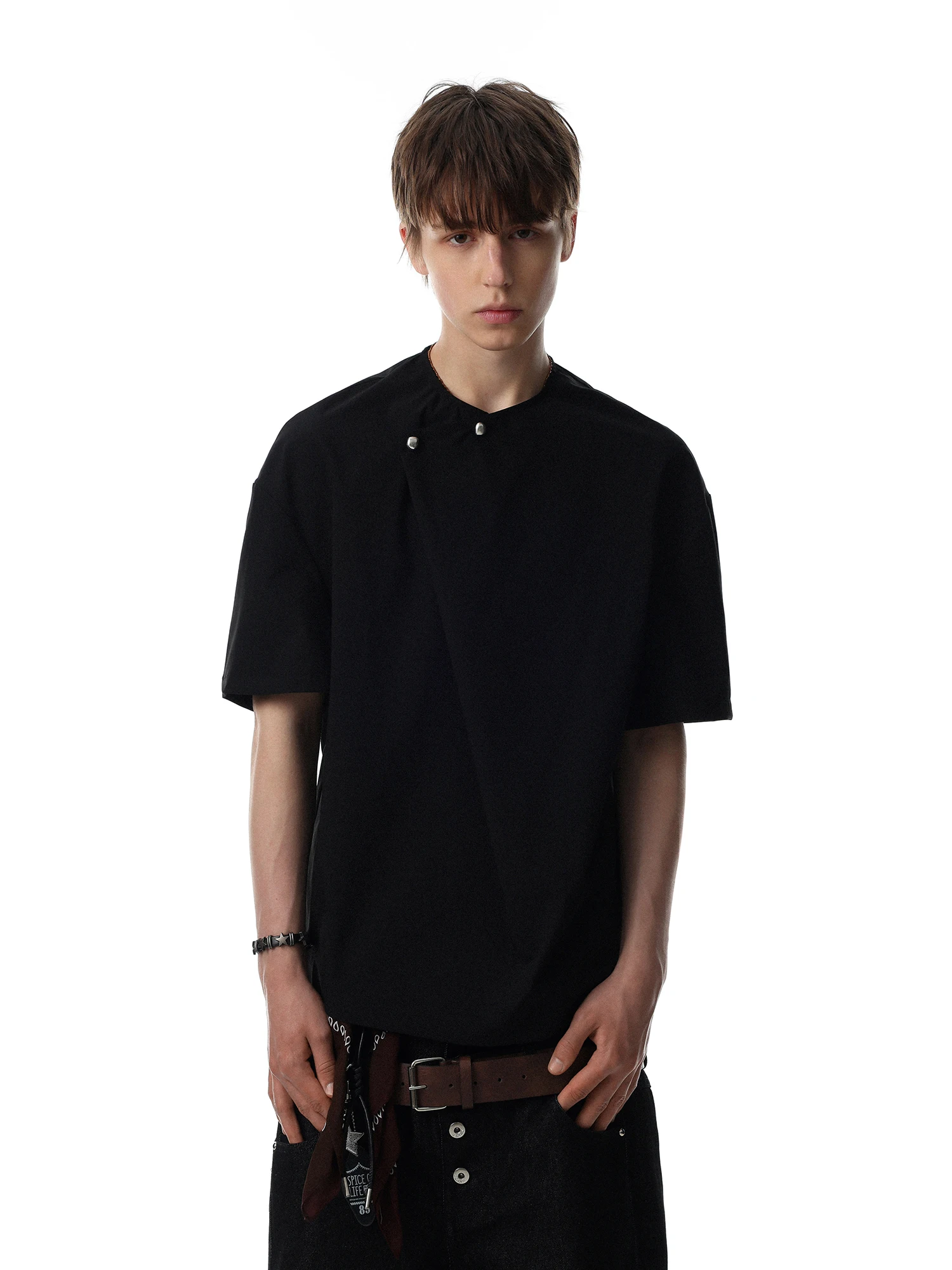 Cleanfit American Style Men's T-shirt Casual Design Sensation Short Sleeve Metal Buckle Side Slit Loose Fit Skin-friendly Bre...