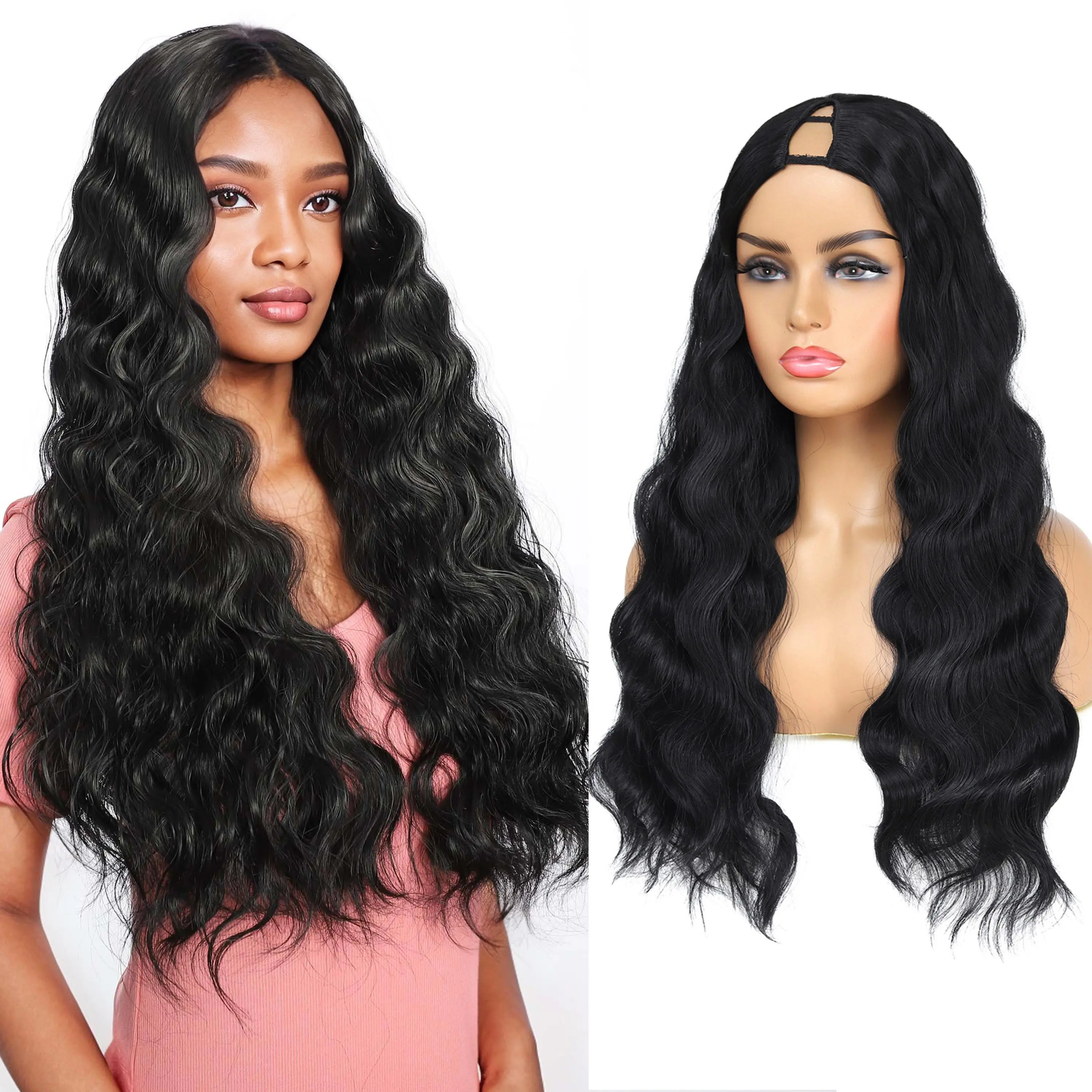 YunRong Body Wave V Part Wig 26 Inch Synthetic Half Curly Wavy Wig