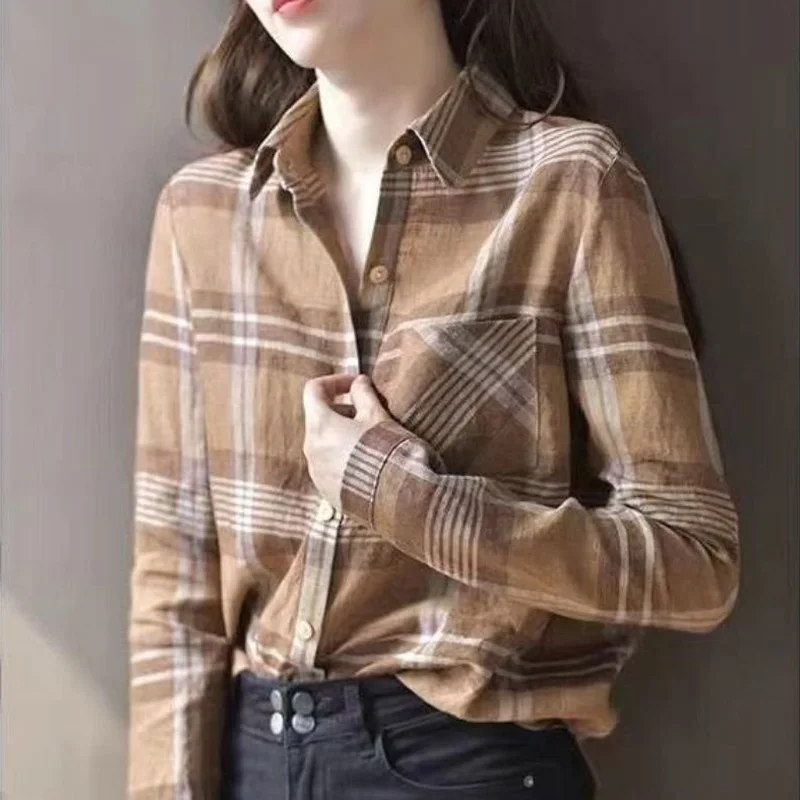 Vintage Lattice Pocket Single-breasted Blouse Womne New Long Sleeve Loose Polo Collar British Style Temperament Lady Shirt 2022