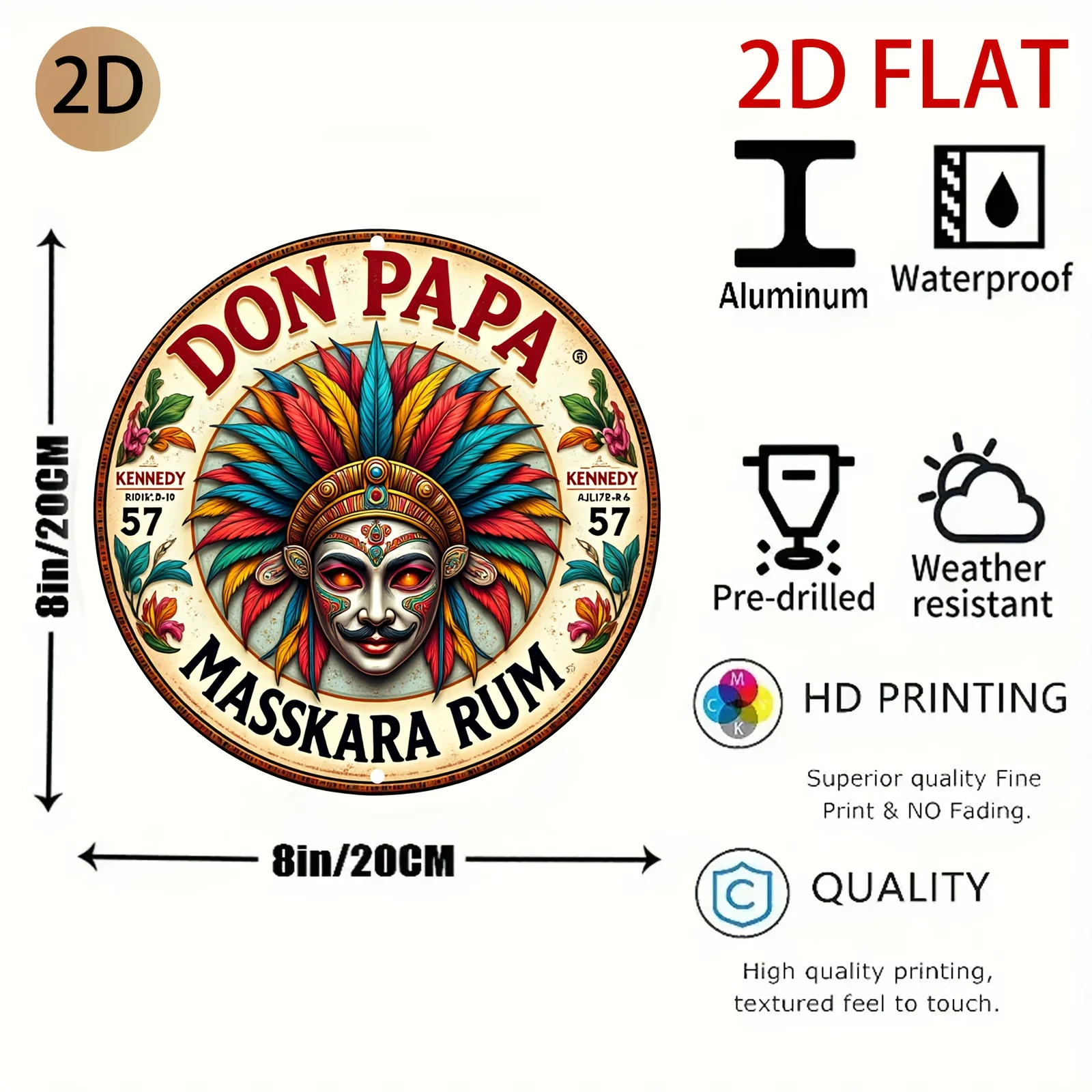 Vintage Don Papa Masskara Rum Metal Wall Art Sign - Retro Caribbean Rum Logo with Masquerade Mask Design, Colorful Tropical Carn