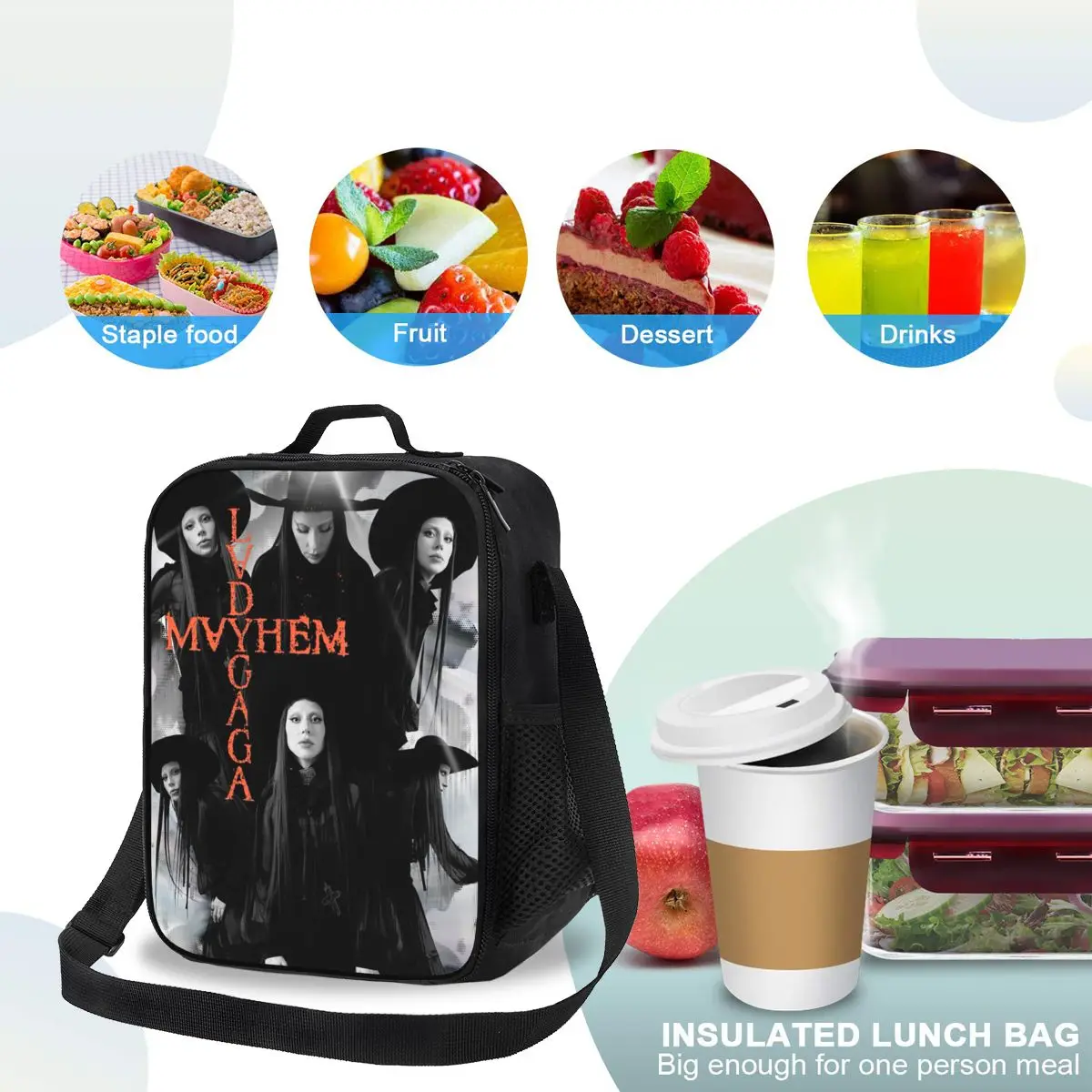 ليدي غاغا الفوضى ألبوم معزول حقيبة الغداء للمدرسة نزهة تخزين صناديق الطعام المحمولة الحاويات برودة علب الاغذية الحرارية حمل