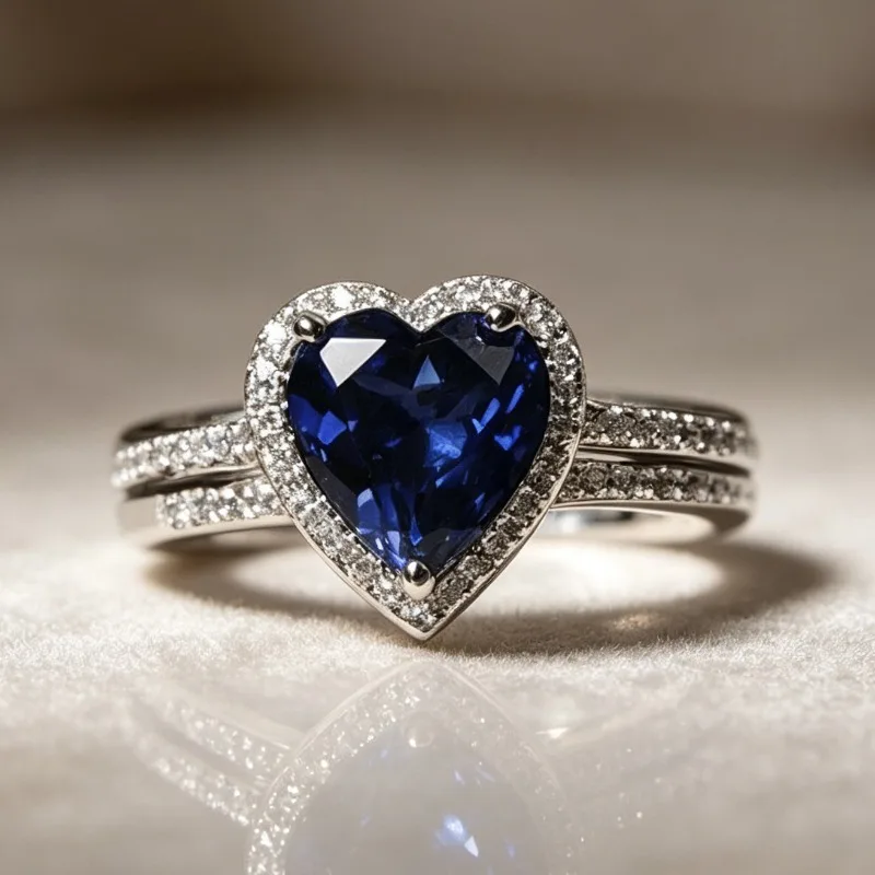 Jianjie Romantic Heart Shaped Blue Zircon Rings for Women Shining Wedding Party Bride's Promise Fashion Jewelry Accessories