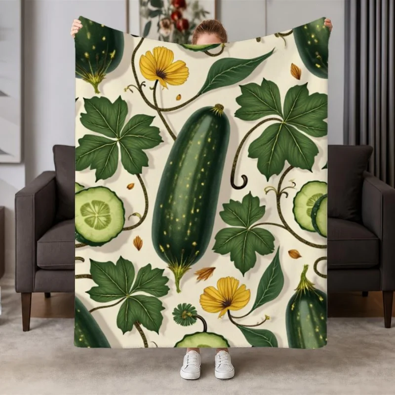 Vintage Botanical Cucumber Vine Yellow Flower Watercolor Flannel Blanket,Vegetable Garden Plant Print Blanket for Home Decor