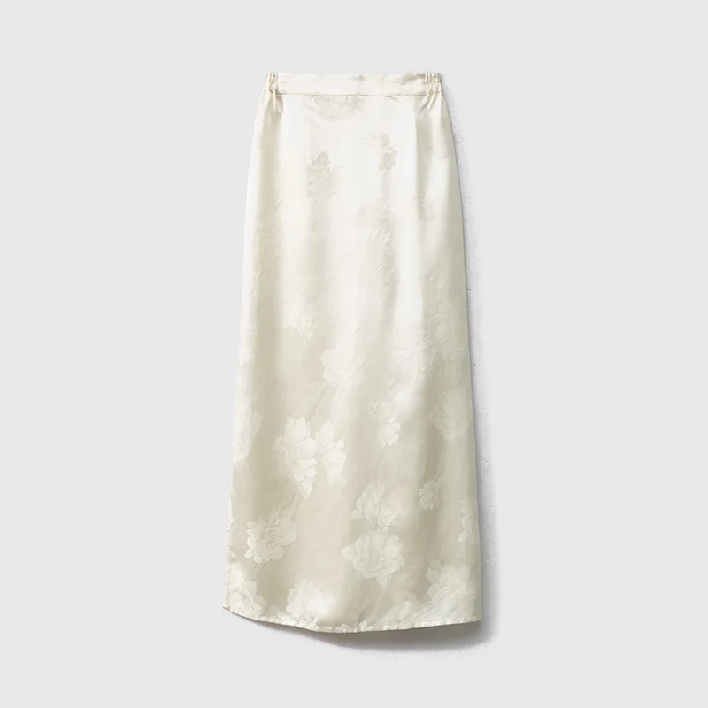 High Quality Silk Jacquard Satin Split Skirt Female Retro National Style Half Elastic Waist Summer New