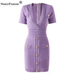 Itian Style High Street Sexy scollo a v manica corta qualità estate guaina elastico in maglia viola vestito per le donne