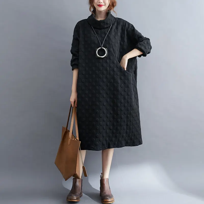 Vintage Fashion High Collar Oversized Elegant Chic Dresses for Women Autumn Winter Simple Solid Long Sleeve Pockets Midi Dress