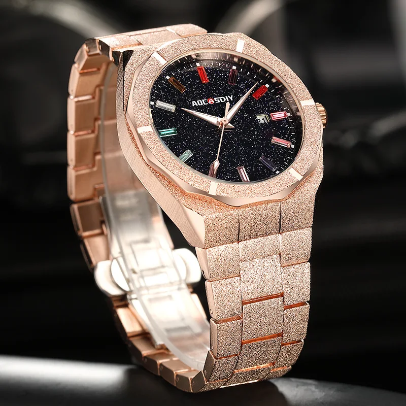 Luxury Men Watch Frosted Colorful Dial Men\'s Quartz Wristwatch Rose Gold Sliver Calendar Male Reloj Stainless Steel Man Clock