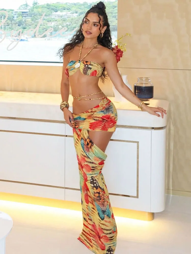

kliou Tie Dye Attractive Women 2 Piece Set Irregular Summer Festival Halter Backless Bandage Crop Tanks+Slash Waist Maxi Skirts
