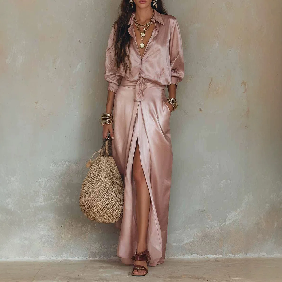 Satin Blouse Top Sets with Pocket Split Skirt Matching Sets Spring Summer