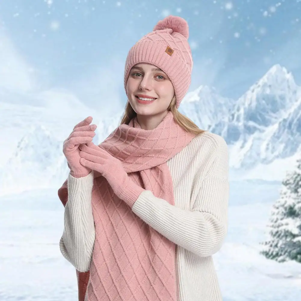 Ensemble écharpe et gants pour femme, chapeau chaud, bonnet long, décor de boule en peluche, écran tactile, hiver