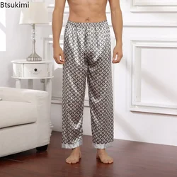 2026Spring Autumn Men's Pajamas Pants Fashion Striped Printed Home Clothes Pants Man Ice Silk Trousers Satin Lounge Sleep Bottom