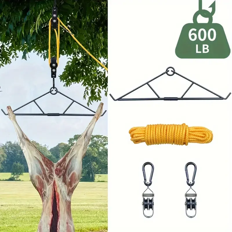 600LB Capacity Deer Hanging Game Stand Kit with Dual Pulley System Butchery and Skinning Hunting Accessories Set Hunting Tool