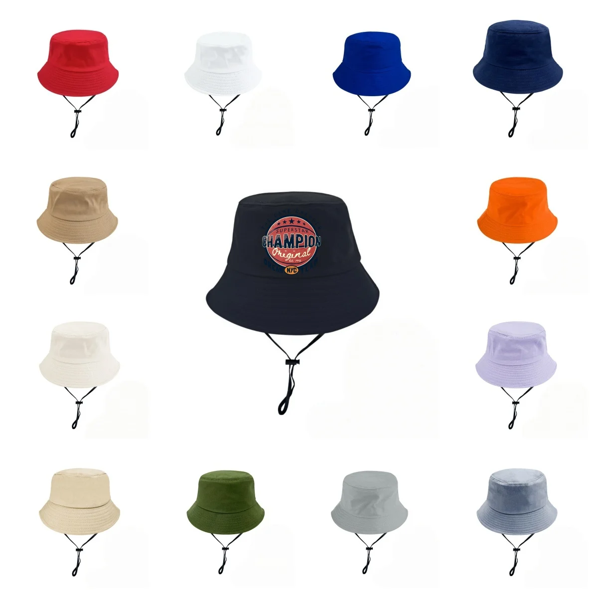 Vintage Champion NYC Basketball Logo Print Bucket Hat Adjustable Chin Strap Outdoor Sun Fisherman Cap Men Women Fishing Hat