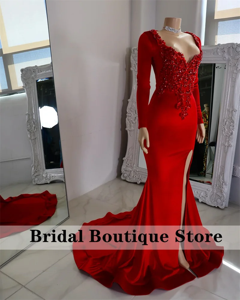 Luxury Red Diamonds Prom Dress 2024 Long Sleeves Beading Crystals Rhinestones Wedding Reception Birthday Party Evening Gown