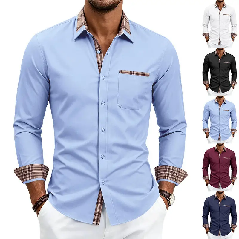 

Casual Business Men's Long Sleeve Shirt Color Block Elastic Breathable Non-iron PU Leather Fabric Summer Fashion Shirt