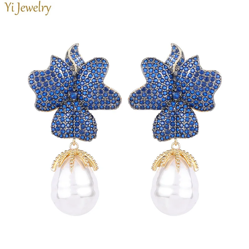 

Elegant Blue Fushia White Flower Drop Earrings with Shiny Zirconia Pearl Pendant for Women Sweet Daily Wear Party Gift Jewelry
