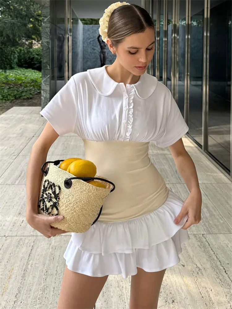 

Tossy White Ruffled Lace-Up Mini Dress Women Lapel High Waist Skinny Patchwork Short Sleeve Fashion Dress Female Summer Dress