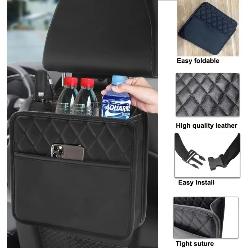 Car Multifunctional Storage Bag Premium PU Leather Front and Front Seat Car Storage Bag Waterproof Hanging Garbage Bag