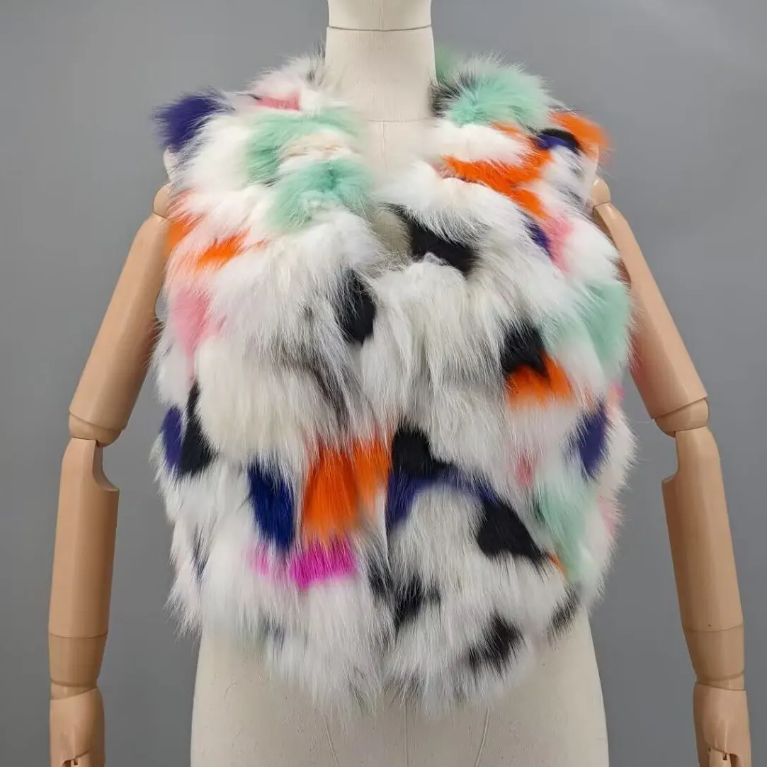 Women Colorful Rainbow  Real Fox Fur Vest V Neck Sleeveless Fluffy Mid Length Fashion Multicolor Fur Gilet Street Outerwear41153