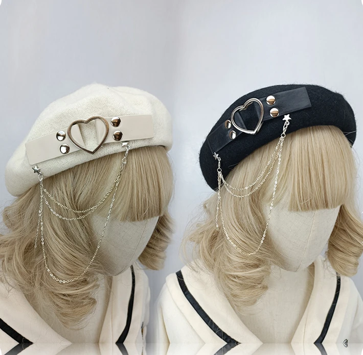 

Japanese Harajuku Beret Original Design Joker Beret Lolita Bud Hat Black Punk Goth Love Chain Hat Women's Cap