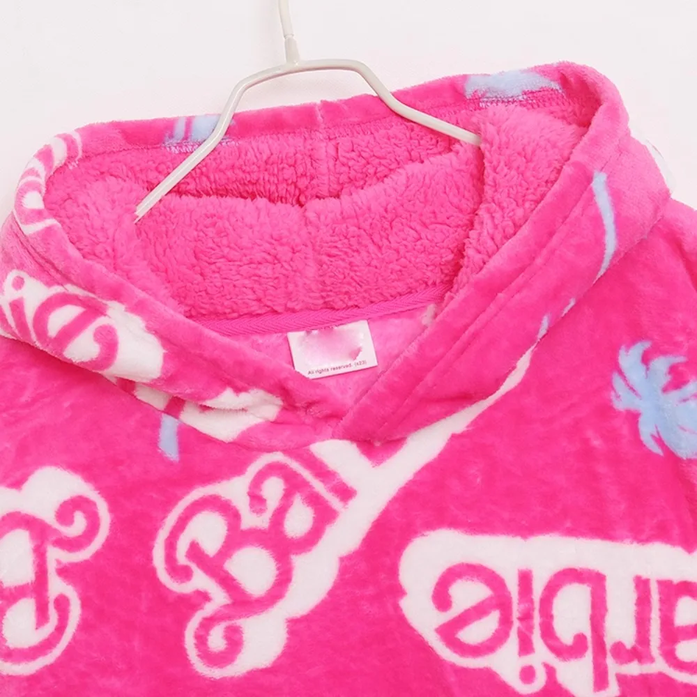 Kawaii Soft Barbie Sweatshirt Oversized Blanket Hoodie Girl Warm Winter Hooded Fleece Sweater Home Pajamas Casual Loose Homewear