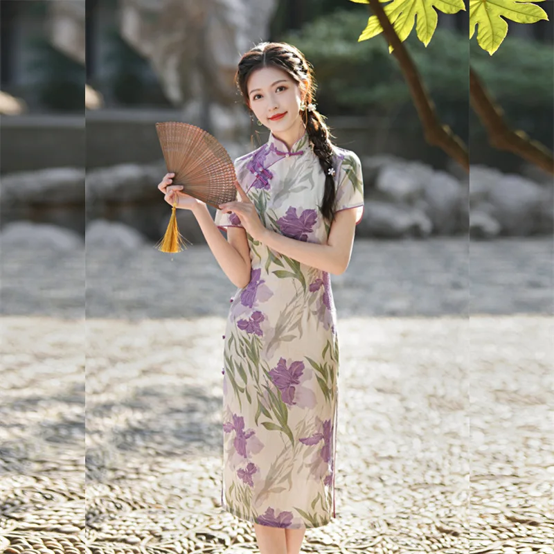 

2023 Spring and Summer New Retro Republic of China Style Improved Cheongsam Temperament Elegant Gentle Lady Fan Cheongsam Dress