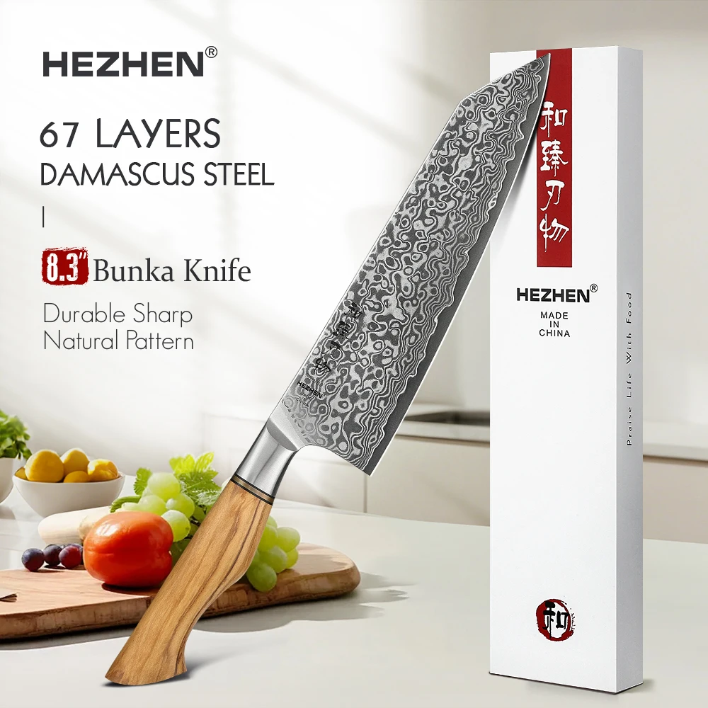 HEZHEN 8.3 Inch Bunka Knife Real 67 Layer Damascus Steel Super Cook Knife Olive Wood Handle Sharp Kitchen Tools