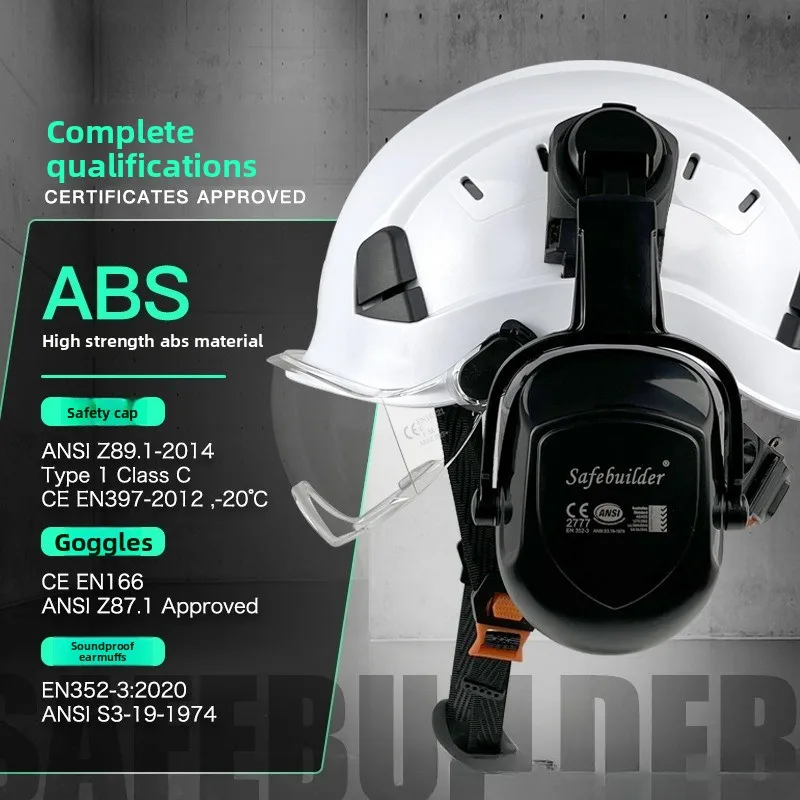 

CE Construction Safety Helmet With Visor Built In Goggle Earmuffs For Engineer Hard Hat ANSI Industrial Work Cap Head Protection