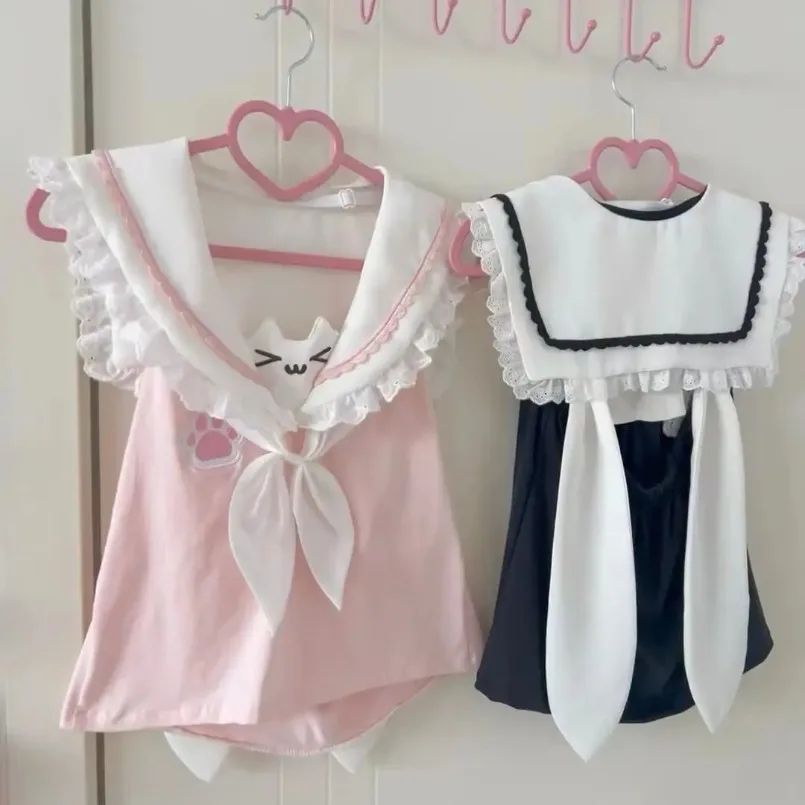 Japanese Kawaii Cat Cartoon Cute Y2k Aesthetic Lace Tops Patchwork Slim Crop Tees Grunge Contrast Color Vintage Fairy T-shirts