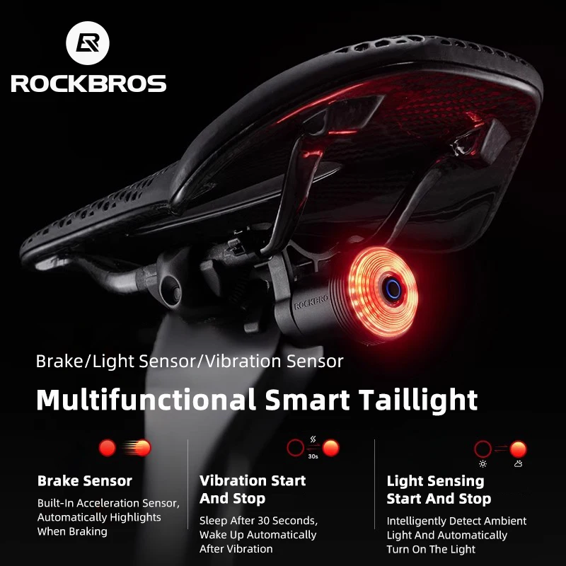 ROCKBROS Bicycle Tail Light MTB Road Bike Smart Brake Sensing Safety Warning IPX6 Waterproof Type-C Charging Cycling Rear Light