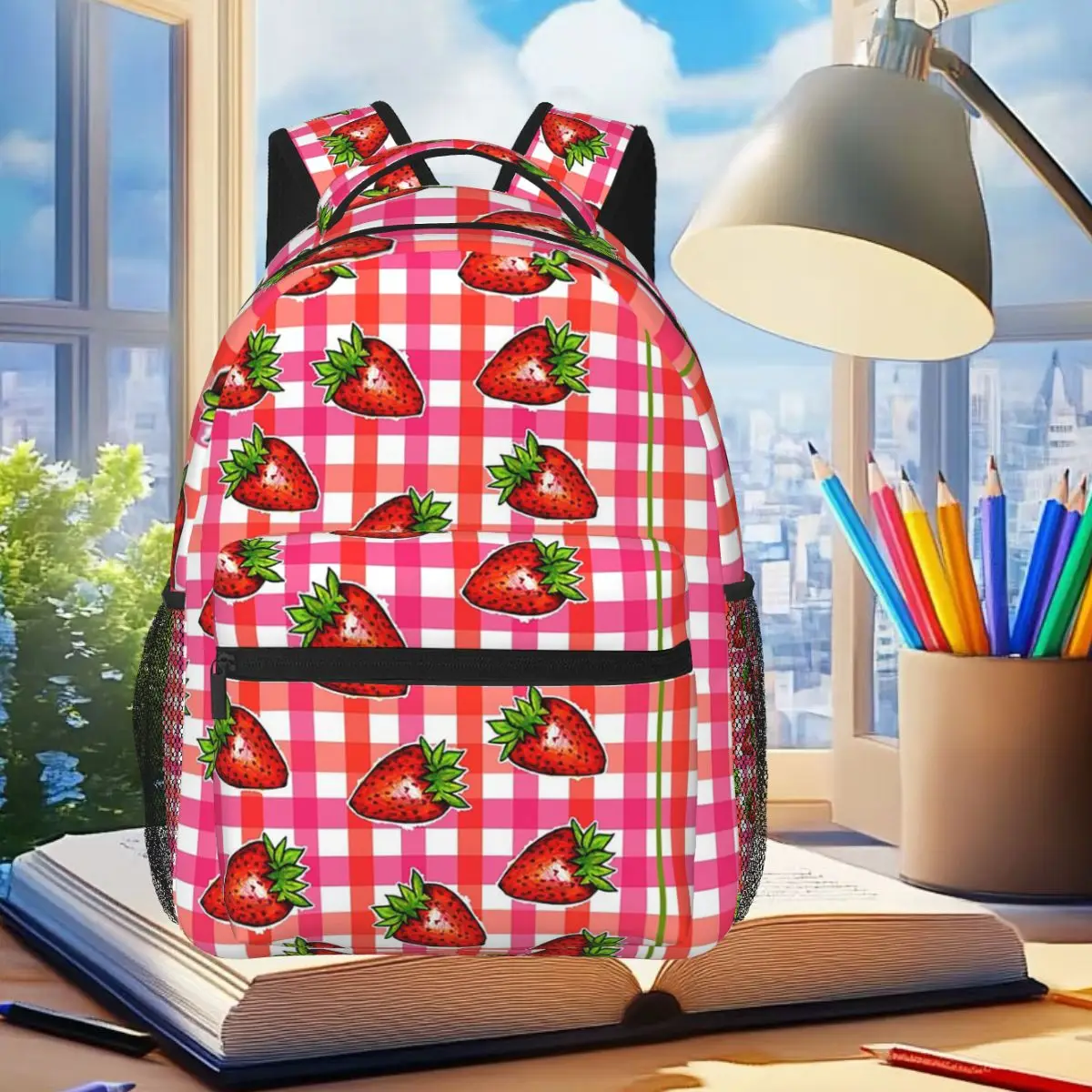 

Gingham Strawberry Flavor II Backpack Student Boys Girls BookBag Kids School Bag Computer Shoulder Bags for Men Women