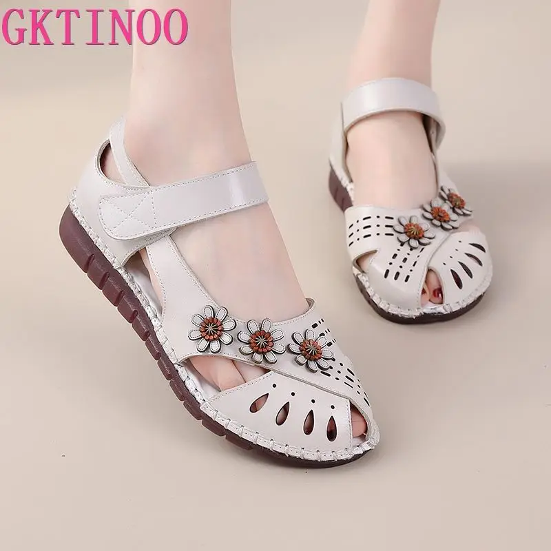 GKTINOO Summer New Handmade Women\'s Shoes National Style Genuine Leather Hollow Women\'s Sandals soft Flat with Sandals