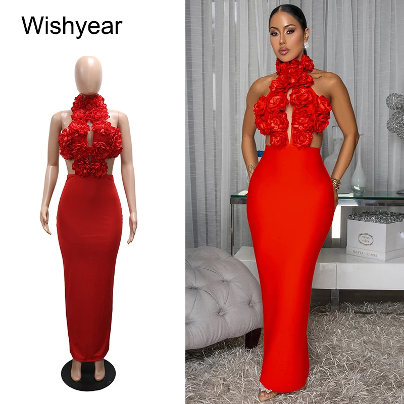 جديد الخريف الرسن أكمام عارية الذراعين انقطاع الأحمر 3D زهرة فستان طويل ماكسي للنساء أنيقة مثير مساء حفلة عيد ميلاد Vestido